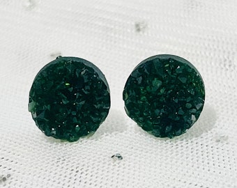 Dark Forest Green Earrings - Druzy Stud Earrings - Crystal Earrings - Bridesmaid Gifts - Unique Sparkly Earrings - Green Wedding Jewelry