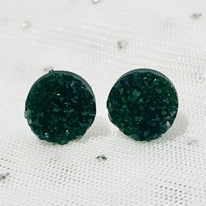 Dark Forest Green Druzy Stud Earrings: Sparkly Resin Crystal