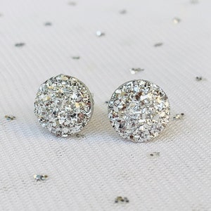 Silver Stud Earrings - Metallic Silver Jewelry - Sparkly Stud Earrings - 10mm Round Faux Druzy Earrings - Bridesmaids Earrings Gift