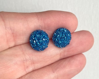Denim Blue Sparkly Stud Earrings - Unique Cerulean Earrings - Bridesmaids Gift - Something Blue Wedding Jewelry - Hypoallergenic Jewelry