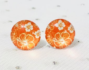 Hibiscus Earrings - Bridesmaid Earrings - Jewelry Gift - Hawaiin Flower Earrings - Tropical Jewelry - Orange Stud Earrings - Unique Earrings