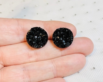 Large Black Stud Earrings - Statement Earrings - Wedding Earrings - Stud Earrings for Women - Black Druzy Studs - Bridesmaids Earrings Gift