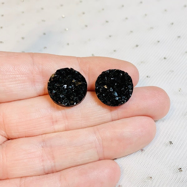 Large Black Stud Earrings - Statement Earrings - Wedding Earrings - Stud Earrings for Women - Black Druzy Studs - Bridesmaids Earrings Gift