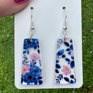 Blue Acrylic Flower Earrings: Long Dangle, Hypoallergenic