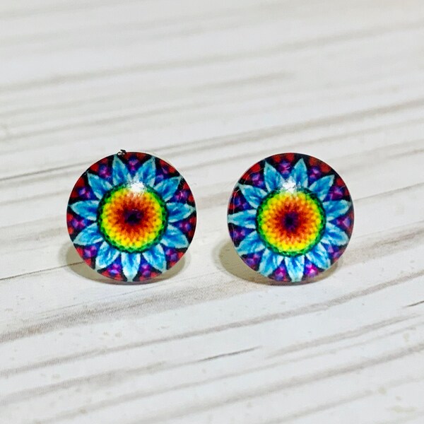 Funky Statement Earrings - Fun Tie Dye Studs Earrings - Colorful Boho Jewelry - Cool Hippie Earrings - Unique Gift for Her - Hypoallergenic