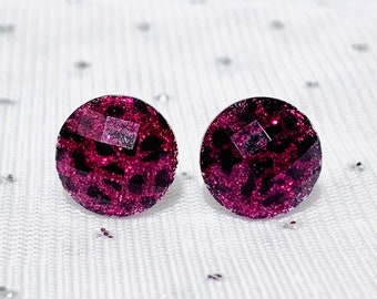Magenta Leopard Glitter Resin Stud Earrings – Hypoallergenic Stainless Steel, Sparkly Cabochons