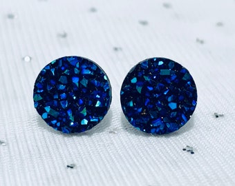 Royal Blue Stud Earrings - Royal Blue Bridesmaid Earrings - Unique Earrings - Sparkly 12mm Studs - Blue Druzy Studs - Gift for Mom