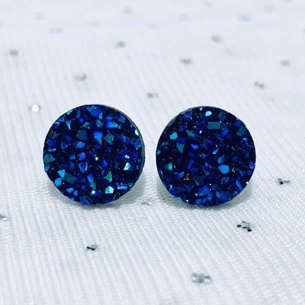 Royal Blue Stud Earrings - Royal Blue Bridesmaid Earrings - Unique Earrings - Sparkly 12mm Studs - Blue Druzy Studs - Gift for Mom