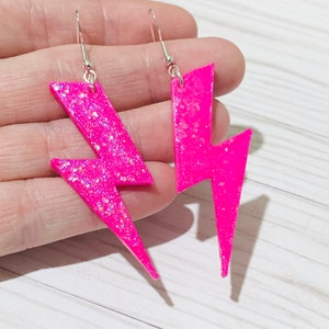Hot Pink Lightning Bolt Earrings - 80s and 90s Retro Dangle 3D Printed Earrings - Unique Fun Pink Glitter Rave Jewelry - Gift for Teen Girl