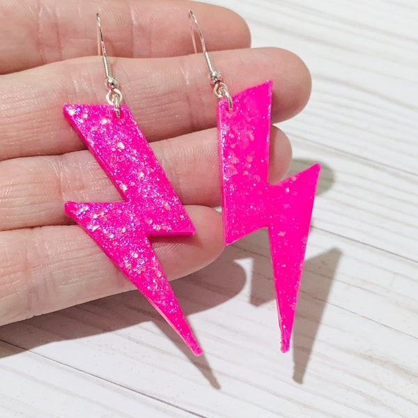 Hot Pink Lightning Bolt Earrings - 80s and 90s Retro Dangle 3D Printed Earrings - Unique Fun Pink Glitter Rave Jewelry - Gift for Teen Girl