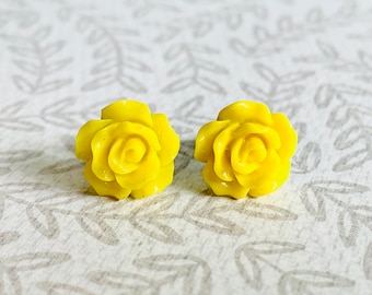 Rose Earrings - Yellow Flower Earring Studs - Acrylic Flower Studs - Yellow Flower Bridal Jewelry - Tiny Resin Rose Earrings - Gift for Her