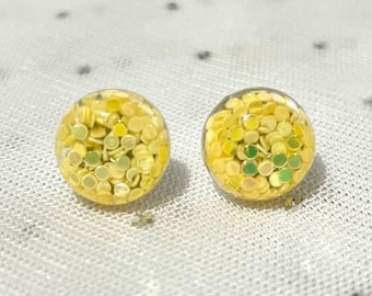 Holographic Yellow Resin Earrings - Funky Stud Earrings - Stocking Stuffer - Birthday Gift for Her - Fun Stud Earrings - Hypoallergenic