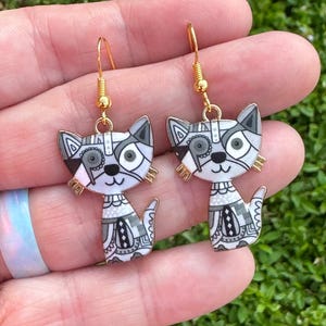 Gray Cat Earrings for Cat Mom - Cat Lover Gift - Funky Cat Earrings - Unique Statement Earrings - Cute Cat Earrings - Hypoallergenic