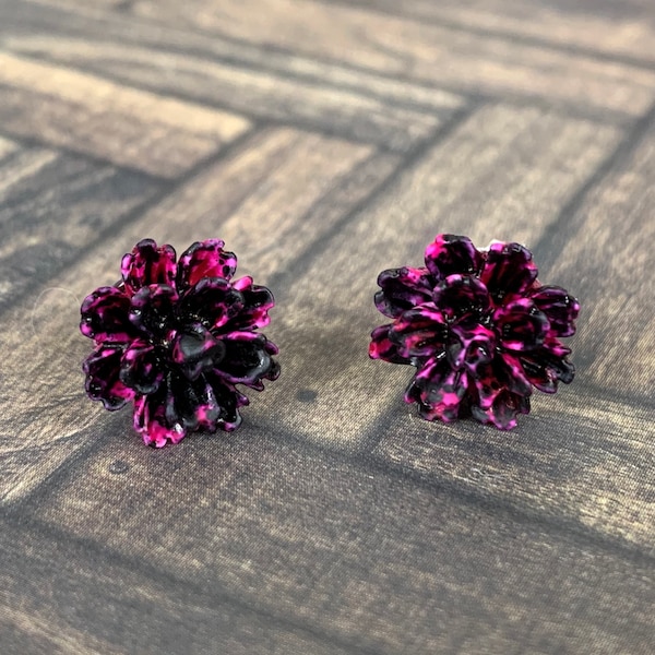 Pink and Black Flower Earrings, Magenta Bridesmaid Earrings, Succulent Studs, Unique Jewelry Gift for Her, Magenta Wedding Jewelry