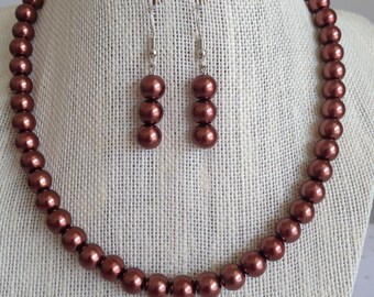 Brown Pearl Wedding Necklace, Brown Bridal Jewelry Set, Fall Wedding Jewelry, Brown Beaded Jewelry, Brown Bridesmaid Jewelry Gift