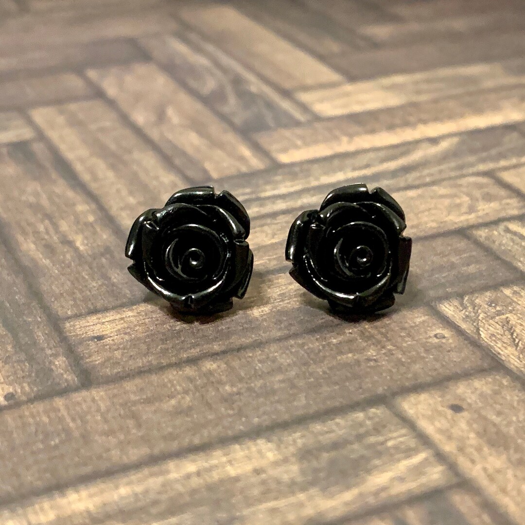 Black Rose Earrings Black Stud Earrings Black Flower Etsy