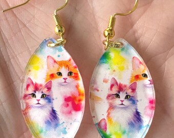 Handmade Watercolor Cat Earrings – Acrylic Pendant Statement Jewelry