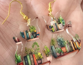 Cat Dangle Earrings: Bookish Gifts - Succulent Plant Jewelry - Unique Statement Earrings