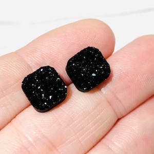 Black Druzy Stud Earrings: Square Resin Crystal, Bridesmaid Jewelry