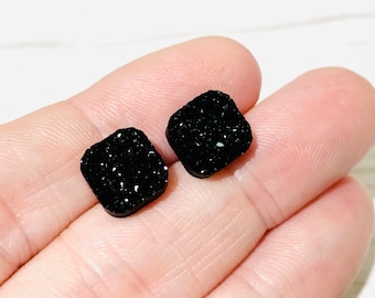 Black Stud Earrings - Square Earrings - Crystal Bridesmaid Earrings - Black Statement Earring Set - Black Wedding Jewelry - Druzy Studs