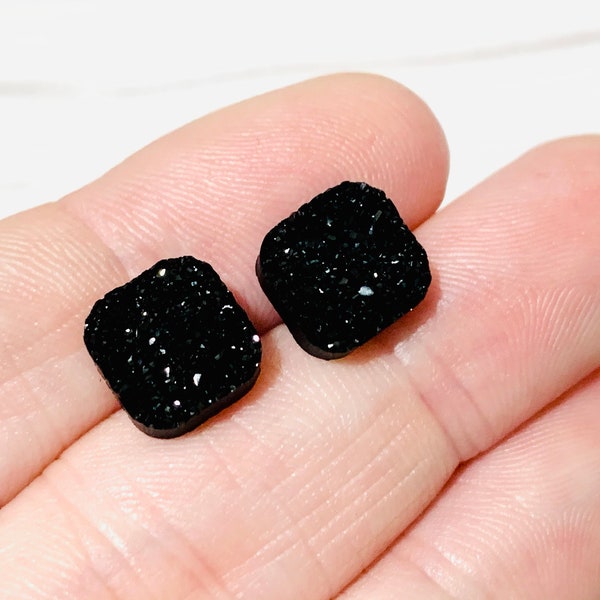 Black Stud Earrings - Square Earrings - Crystal Bridesmaid Earrings - Black Statement Earring Set - Black Wedding Jewelry - Druzy Studs