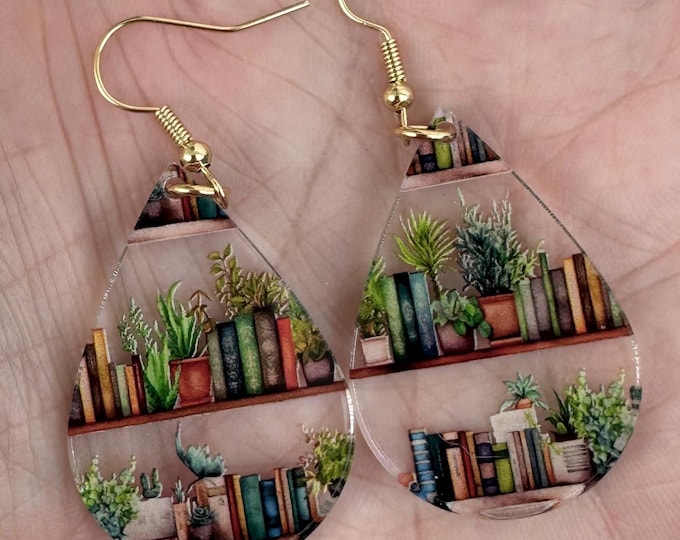 Fun Book Earrings - Handmade Jewelry Gift for Her - Book Lovers Gift - Plant Lovers Gift - Unique Acrylic Teardrop Earrings - Librarian Gift