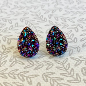 Rainbow Teardrop Druzy Earrings - Metallic Glitter Studs - Stainless Steel Studs - Faux Druzy Earrings - Sparkly Studs - Gift for Her