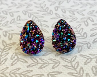 Rainbow Teardrop Druzy Earrings: Sparkly Faux Resin, Stainless Steel Studs