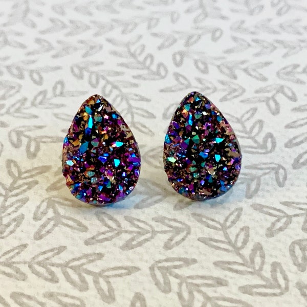 Rainbow Teardrop Druzy Earrings - Metallic Glitter Studs - Stainless Steel Studs - Faux Druzy Earrings - 14mm Stud Earrings - Sparkly