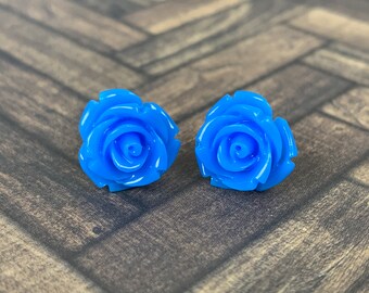 Royal Blue Flower Stud Earrings - Unique Statement Jewelry - Birthday Gift for Mom, Sister, Best Friend, Aunt, Grandma - Hypoallergenic