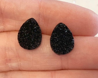 Black Teardrop Druzy Earrings: Stainless Steel Studs, Bridesmaid Jewelry
