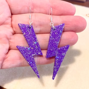 Lightning Bolt Earrings - 80s and 90s Nostalgia Jewelry - Funky Earrings - Purple Dangle Earrings - Sparkly Glitter Earrings - Birthday Gift