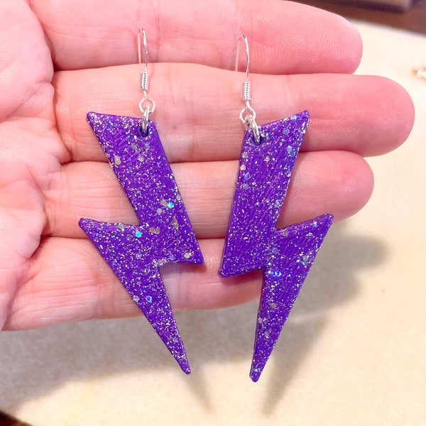 Lightning Bolt Earrings - 80s and 90s Nostalgia Jewelry - Funky Earrings - Purple Dangle Earrings - Sparkly Glitter Earrings - Birthday Gift