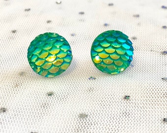 Green Mermaid Stud Earrings - Metallic Green Earrings - Unique Birthday Gift for Her - Mythical Earrings - Mermaid Jewelry Set - #171