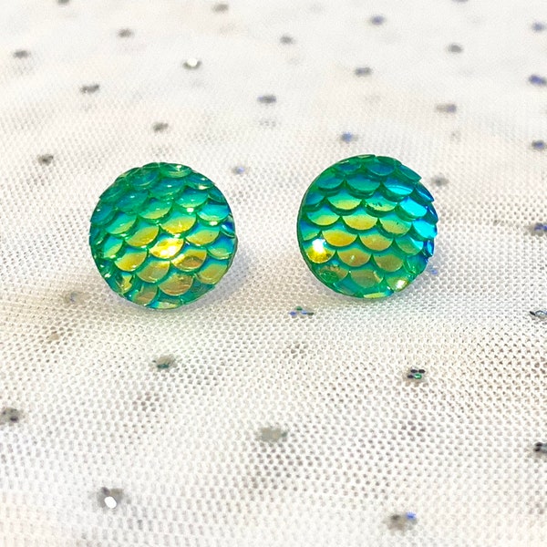 Green Mermaid Stud Earrings - Metallic Green Earrings - Unique Birthday Gift for Her - Mythical Earrings - Mermaid Jewelry Set - #171