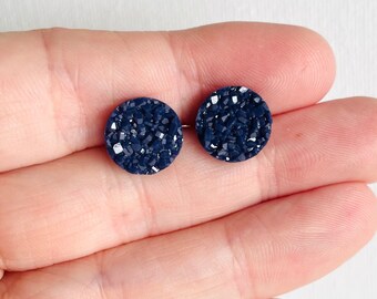 Navy Blue Stud Earrings - Blue Bridesmaids Wedding Jewelry - Sparkly Druzy Statement Earrings - Birthday Gift for Mom - Blue Prom Jewelry