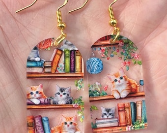 Cute Cat Earrings – Cat Mom Gift, Bookworm Gift, Librarian Jewelry