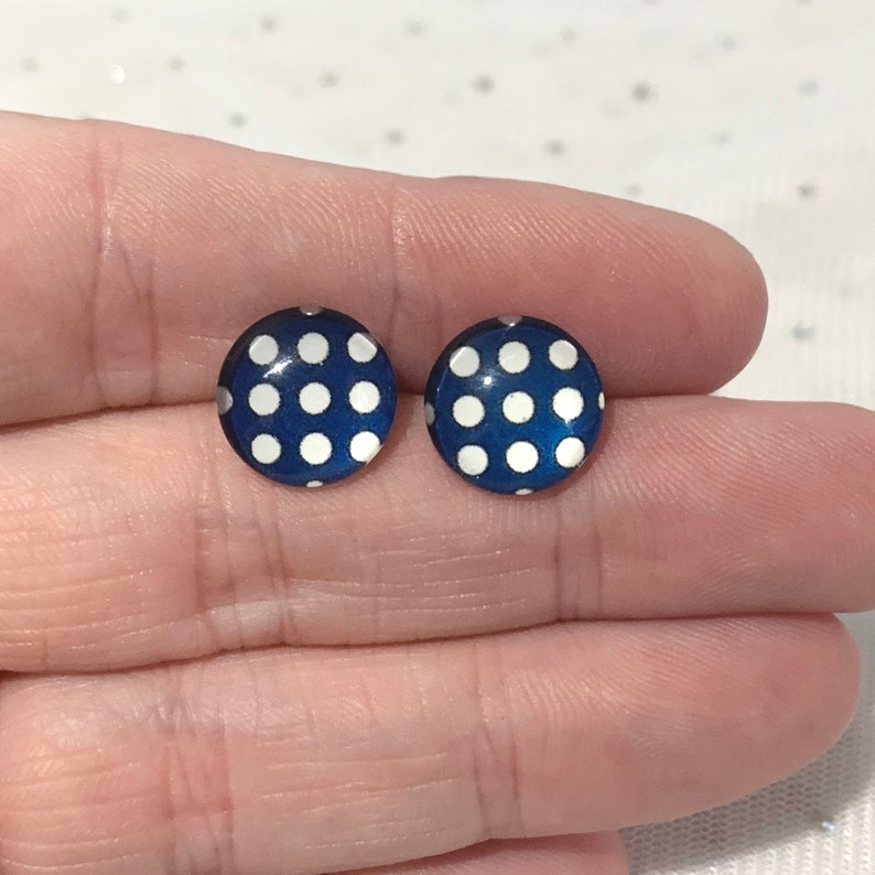 Navy Blue Stud Earrings Cute Polka Dot Earrings Fun Etsy