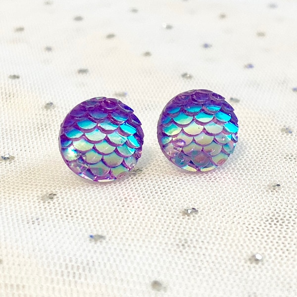 Purple Mermaid Earrings - Iridescent Mermaid Studs - Birthday Gift for Her - Ocean Jewelry - Beach Earrings - Fish Scale Studs