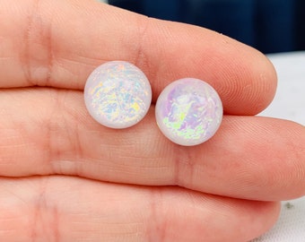 White Opal Stud Earrings – 12mm Resin October Birthstone