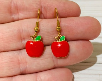 Red Apple Earrings - Teacher Gift - Back to School Jewelry - Cute Fruit Earrings - Teacher Appreciation Day - Hypoallergenic Dangles