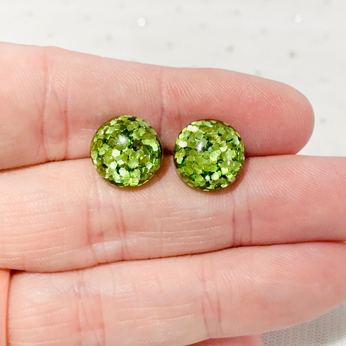 Glitter Studs Olive Green Earrings Sparkly Resin Earrings Etsy