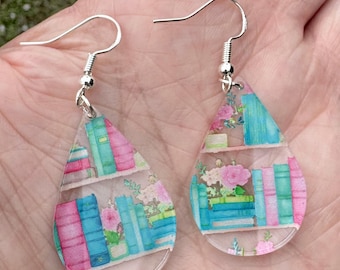 Pastel Bookstack Earrings: Acrylic Librarian Jewelry, Book Lover Gift