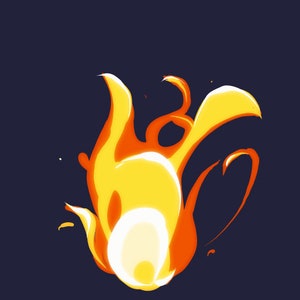 May include: A bright orange and yellow flame with a white center, set against a dark blue background.