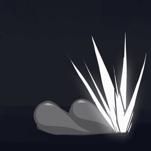May include: A white explosion with sharp points radiating outward from a dark gray center. The explosion is set against a dark background.