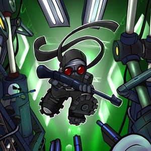 May include: A cartoon illustration of a black and red masked figure holding a rifle, jumping in front of a green background with industrial machinery.