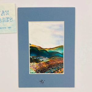 Vibrant Wax Encaustic Landscape Art – Carolyn Travis artist- Handcrafted Abstract Hillside Painting – Matted Mini Artwork – Wax Works 1995