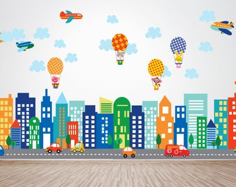 HUGE Car Buildings Decal, Hot Air Balloons Reusable Decal, Kids Room Decal Wall Stickers, WD554A