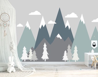 Mountain Mural Decal, Nursery Mountain Decal, Reusable Fabric Decal, Kids Room Decal Wall Stickers, M202