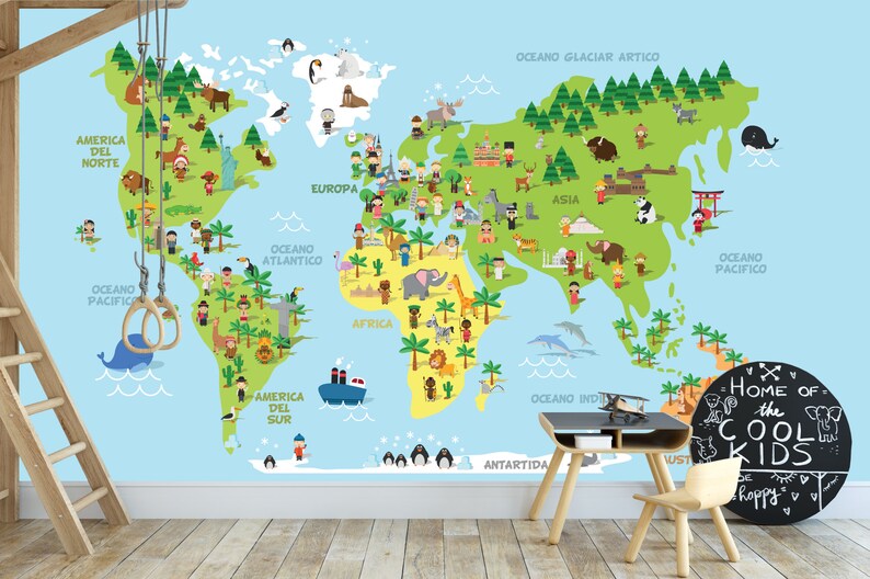 World Map Mural Decal Kids Nursery Map Reusable Decal Kids Etsy
